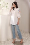 Saaj by Ankita_White Cotton Embroidery Collared Tangerine Folklore Shirt _at_Aza_Fashions