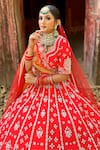 Amaltas Couture_Red Silk, Net Pearls, Mirrors, Embroidery V-neck Zardozi Bridal Lehenga Set _Online_at_Aza_Fashions