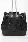 Shop_Varun Bahl_Black Fabric Flowers Floral Weave Leather Potli _Online_at_Aza_Fashions