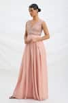 Mirroir_Peach Viscose, Crepe Sequins V-neck Embroidered Pink Jumpsuit _Online_at_Aza_Fashions