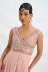 Buy_Mirroir_Peach Viscose, Crepe Sequins V-neck Embroidered Pink Jumpsuit _Online_at_Aza_Fashions