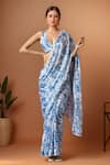 Buy_Samyukta Singhania_Off White Chiffon V-neck Printed Pre-draped Saree And Blouse Set _at_Aza_Fashions