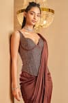 Shop_K&A By Karishma and Ashita_Brown Net, Satin Beads, Sequins Sweetheart Neck Pre-draped Saree And Corset Set _at_Aza_Fashions