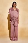 Shop_Echostudio_Brown Satin V-neck Mocha Co-ord Set _Online_at_Aza_Fashions