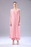 Debyani + CO_Pink Silk Beads, Embroidery Round Neck Floral Kurta Set _Online_at_Aza_Fashions