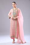Debyani + CO_Pink Silk Beads, Embroidery Round Neck Floral Kurta Set _at_Aza_Fashions