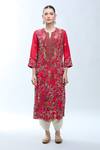 Shop_Debyani + Co_Red Silk Embroidery Round Neck Resham Kurta Set _Online_at_Aza_Fashions