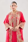 Debyani + Co_Red Silk Embroidery Round Neck Resham Meena Cape Pant Set _Online_at_Aza_Fashions