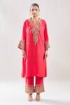 Shop_Debyani + Co_Red Silk Embroidery Round Neck Resham Meena Cape Pant Set _Online_at_Aza_Fashions