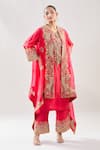 Shop_Debyani + Co_Red Silk Embroidery Round Neck Resham Meena Cape Pant Set 