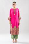 Debyani + Co_Pink Silk Beads, Embroidery Round Neck Kurta Pant Set _at_Aza_Fashions