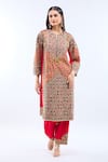 Debyani + Co_Red Silk Embroidery Split V-neck Diamond Choga Kurta Set _at_Aza_Fashions