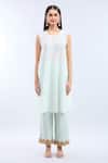 Debyani + Co_Orange Silk Embroidery Round Neck Ice Blue Kurta Set _at_Aza_Fashions