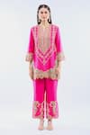Debyani + Co_Pink Silk Sequins, Embroidery Split V-neck Kurta Set _Online_at_Aza_Fashions