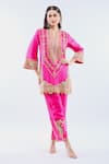 Debyani + Co_Pink Silk Sequins, Embroidery Split V-neck Kurta Set _at_Aza_Fashions