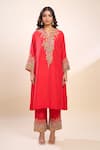 Buy_Debyani + Co_Red Silk Sequins, Beads, Embroidery Round Neck Kurta Set _Online_at_Aza_Fashions