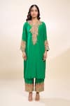 Debyani + Co_Green Silk Embroidery Round Neck Kurta Set With Cape _Online_at_Aza_Fashions