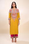Buy_Debyani + Co_Mustard Silk Embroidery Round Neck Yellow Kurta Set _Online_at_Aza_Fashions