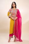Shop_Debyani + Co_Mustard Silk Embroidery Round Neck Yellow Kurta Set _Online_at_Aza_Fashions