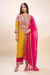 Buy_Debyani + Co_Mustard Silk Embroidery Round Neck Yellow Kurta Set 