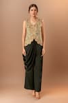 Buy_Anamika Khanna_Multi Color Embroidery V-neck Top And Draped Pant Set _at_Aza_Fashions