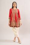 Buy Debyani + CO Red Sequins, Beads Round Neck Floral Embroidered Sapna Peplum Kurta And Dhoti Pant at Aza Fashions Buy_Debyani + CO_Red Sequins, Beads Round Neck Floral Embroidered Sapna Peplum Kurta And Dhoti Pant _at_Aza_Fashions