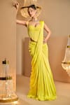 Buy_K&A By Karishma and Ashita_Yellow Net, Satin Beads, Embroidery Sweetheart Neck And Pre-draped Saree Set _at_Aza_Fashions