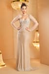 Buy_K&A By Karishma and Ashita_Beige Net, Satin Beads, Sequins Sweetheart Neck Corset And Skirt Set _at_Aza_Fashions