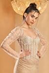 K&A By Karishma and Ashita_Beige Net, Satin Beads, Sequins Sweetheart Neck Corset And Skirt Set _Online_at_Aza_Fashions