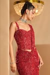 K&A By Karishma and Ashita_Red Georgette Sequins, Beads Sweetheart Neck Dark Pre-draped Saree And Corset Set _Online_at_Aza_Fashions