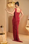 Shop_K&A By Karishma and Ashita_Red Georgette Sequins, Beads Sweetheart Neck Dark Pre-draped Saree And Corset Set _at_Aza_Fashions