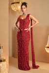 Buy_K&A By Karishma and Ashita_Red Georgette Sequins, Beads Sweetheart Neck Dark Pre-draped Saree And Corset Set _at_Aza_Fashions