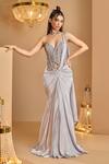 Buy_K&A By Karishma and Ashita_Gray Net, Satin Sequins, Beads Sweetheart Neck Grey Pre-draped Saree Set _at_Aza_Fashions