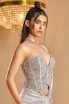 K&A By Karishma and Ashita_Gray Net, Satin Sequins, Beads Sweetheart Neck Grey Pre-draped Saree Set _Online_at_Aza_Fashions