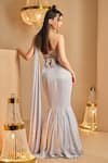 Shop_K&A By Karishma and Ashita_Gray Net, Satin Sequins, Beads Sweetheart Neck Grey Pre-draped Saree Set _at_Aza_Fashions