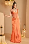Buy_K&A By Karishma and Ashita_Orange Net, Satin Beads Sweetheart Neck Designer Pre-draped Saree And Corset Set _at_Aza_Fashions