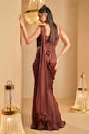 Shop_K&A By Karishma and Ashita_Brown Satin Sweetheart Neck Pre-draped Saree And Corset _at_Aza_Fashions