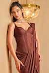 K&A By Karishma and Ashita_Brown Satin Sweetheart Neck Pre-draped Saree And Corset _Online_at_Aza_Fashions