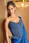 K&A By Karishma and Ashita_Blue Net, Satin Beads Sweetheart Neck And Pre-draped Saree Set _Online_at_Aza_Fashions