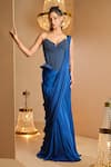 Buy_K&A By Karishma and Ashita_Blue Net, Satin Beads Sweetheart Neck And Pre-draped Saree Set _at_Aza_Fashions