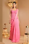 Buy_K&A By Karishma and Ashita_Pink Net, Satin Beads Square Neck Pre-draped Saree With Corset _at_Aza_Fashions