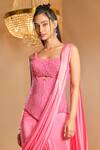 K&A By Karishma and Ashita_Pink Net, Satin Beads Square Neck Pre-draped Saree With Corset _Online_at_Aza_Fashions