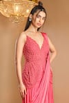 K&A By Karishma and Ashita_Pink Net, Satin V-neck Pre-draped Saree And Corset Set _Online_at_Aza_Fashions