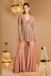 Buy_K&A By Karishma and Ashita_Brown Net, Crepe Embroidery V-neck And Jacket Sharara Set _at_Aza_Fashions