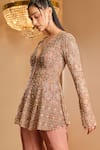 Buy_K&A By Karishma and Ashita_Brown Net, Crepe Embroidery V-neck And Jacket Sharara Set _Online_at_Aza_Fashions
