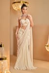 Buy_K&A By Karishma and Ashita_Off White Georgette Sweetheart Neck Pre-draped Saree With Blouse _at_Aza_Fashions