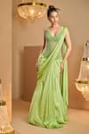 Buy_K&A By Karishma and Ashita_Green Net, Satin Beads, Embroidery, Sequins Light Pre-draped Saree And Corset _at_Aza_Fashions