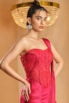 Shop_K&A By Karishma and Ashita_Red Net, Satin Beads Sweetheart Neck Pre-draped Saree With Corset _Online_at_Aza_Fashions