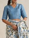 Wazir C_Blue Silk Embroidery, Tassels V-neck Nargis And Off White Saree With Blouse _at_Aza_Fashions