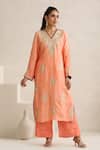 Wazir C_Peach Organza, Silk, Cotton Embroidery V-neck Nargis And Teal Blue Cape Set _Online_at_Aza_Fashions